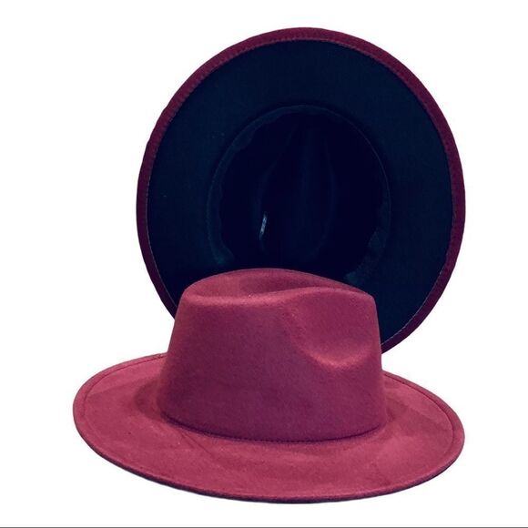 Burgundy Red Wide Brim Dented Crown Black Underneath Fashion Fedora Hat NEW - Picture 2 of 4
